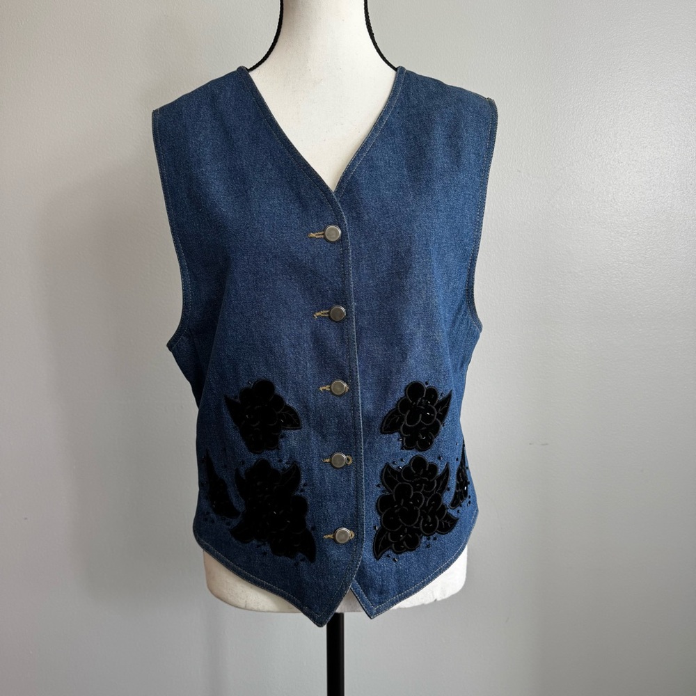 Liz Claiborne Vintage 90s Lizwear Jean Denim Black Velvet Rose Vest Size Large